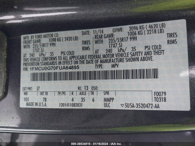 Auction sale of the 2015 Ford Escape Se, vin: 1FMCU0G70FUA64895, lot number: 38534515