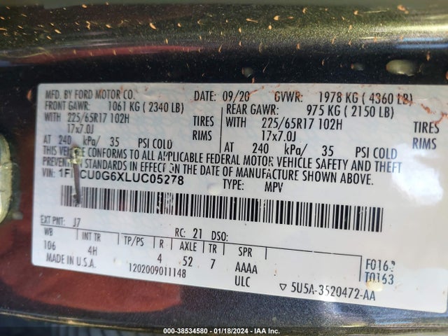 Ford ESCAPE SE 2020 1FMCU0G6XLUC05278 Image 9