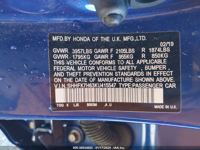 Honda CIVIC EX 2019 SHHFK7H63KU415547 Image 9