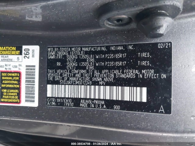 Toyota SIENNA XLE 2021 5TDJSKFC3MS012349 Image 9