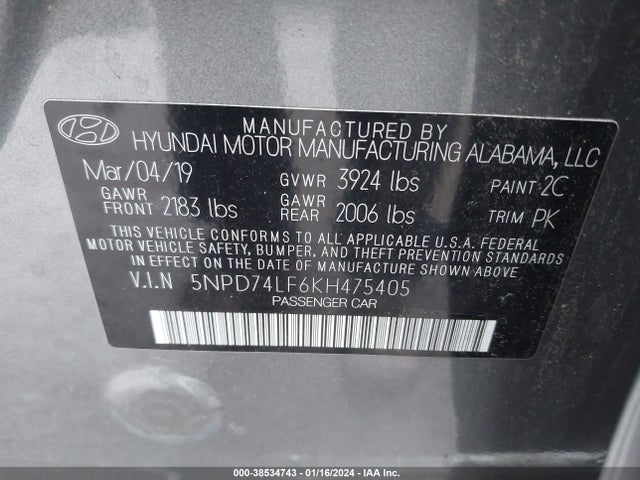 2019 HYUNDAI ELANTRA SE VIN: 5NPD74LF6KH475405