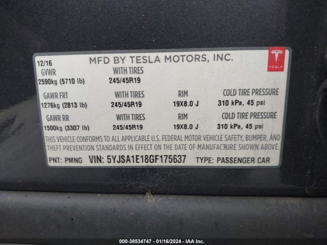 2016 TESLA MODEL S 5YJSA1E18GF175637 Photo 8