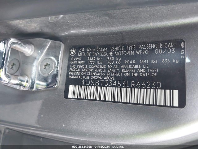 2003 BMW Z4 2.5I VIN: 4USBT33453LR66230