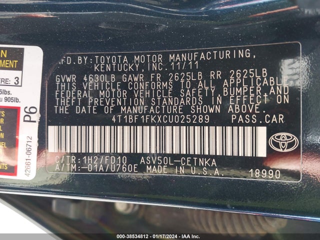 2012 TOYOTA CAMRY LE VIN: 4T1BF1FKXCU025289