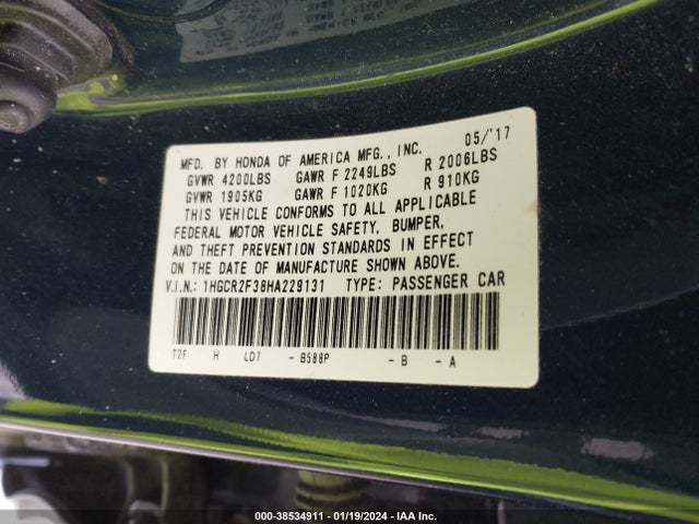 Honda ACCORD LX 2017 1HGCR2F38HA229131 Image 9