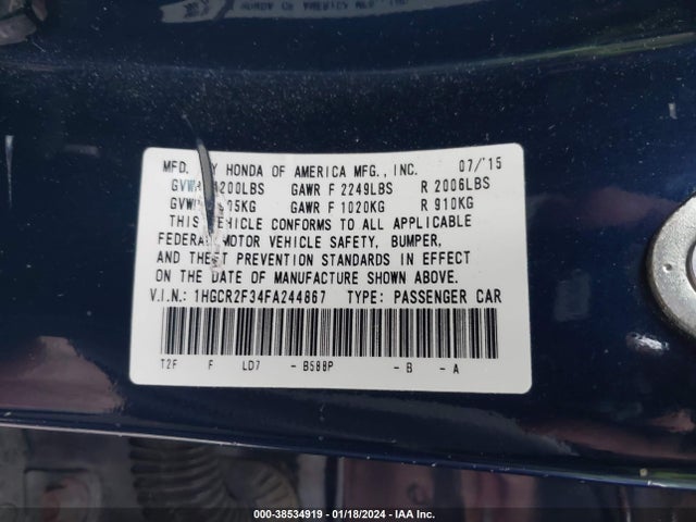 Honda ACCORD LX 2015 1HGCR2F34FA244867 Image 16