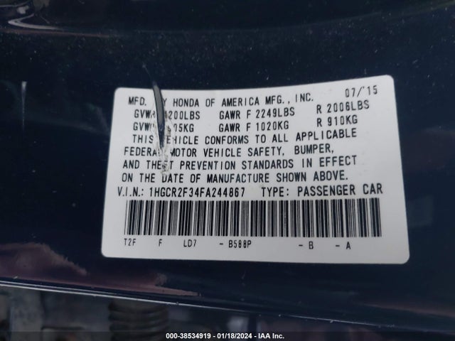 Honda ACCORD LX 2015 1HGCR2F34FA244867 Image 9