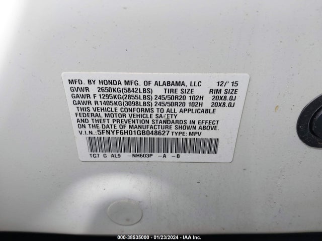 Honda Pilot Elite 2016 5FNYF6H01GB048627 Image 9