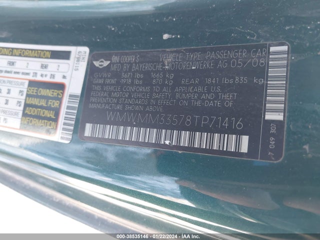 2008 MINI COOPER S CLUBMAN WMWMM33578TP71416 Photo 8