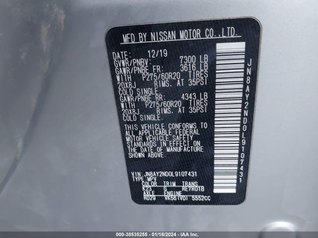 Nissan Armada Sl 2wd 2020 JN8AY2ND0L9107431 Image 9