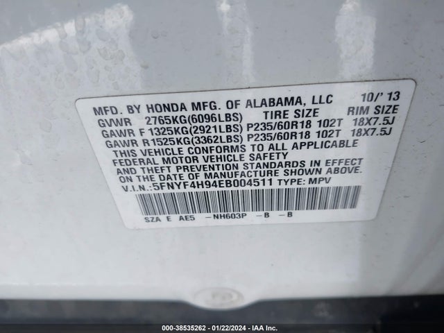 Honda Pilot Touring 2014 5FNYF4H94EB004511 Image 25