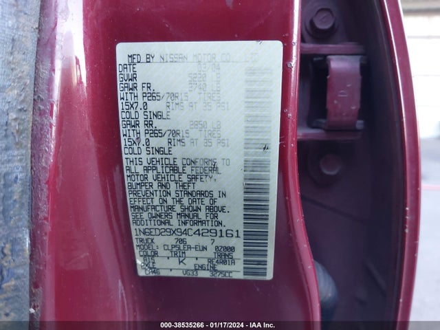 2004 NISSAN FRONTIER XE-V6 VIN: 1N6ED29X94C429161