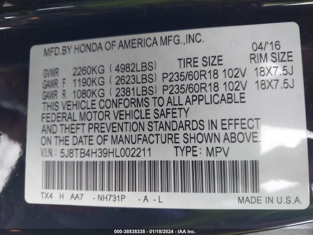 38535335 :رقم المزاد ، 5J8TB4H39HL002211 vin ، 2017 Acura Rdx Base (a6)/w/acurawatch Plus مزاد بيع