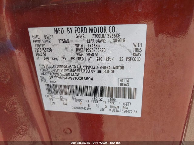 2007 FORD F-150 FX4/KING RANCH/LARIAT/XLT VIN: 1FTPW14V97KC63594