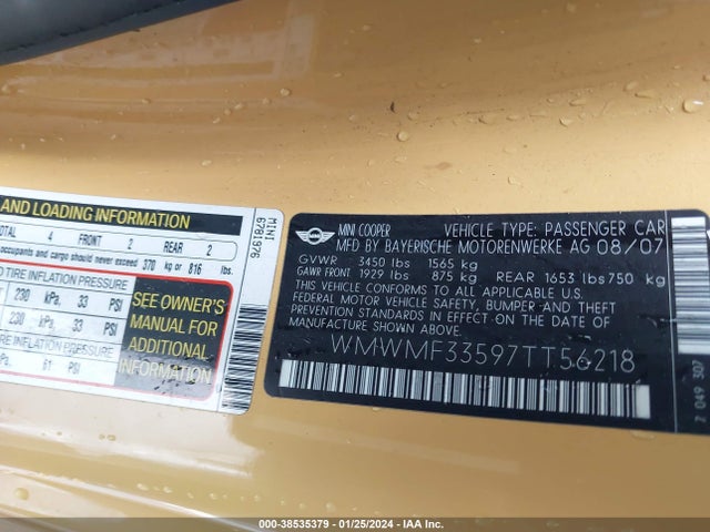 2007 MINI COOPER WMWMF33597TT56218 Photo 8