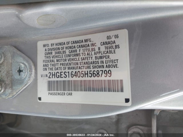 2005 HONDA CIVIC VP VIN: 2HGES16405H568799