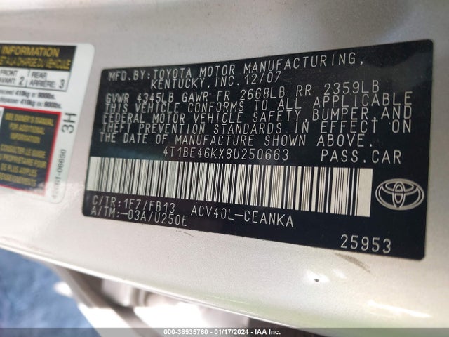 2008 TOYOTA CAMRY LE VIN: 4T1BE46KX8U250663