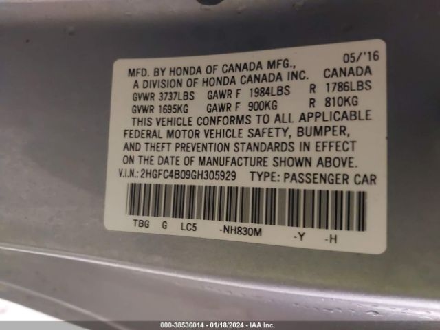 2HGFC4B09GH305929 Honda Civic Lx-p