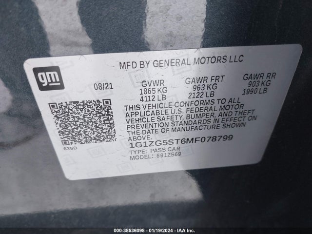 38536098 :رقم المزاد ، 1G1ZG5ST6MF078799 vin ، 2021 Chevrolet Malibu Fwd Rs مزاد بيع