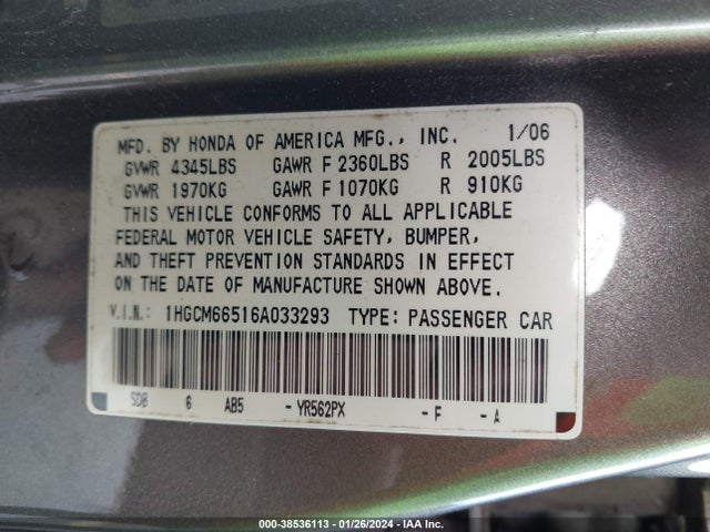 2006 HONDA ACCORD 3.0 EX VIN: 1HGCM66516A033293
