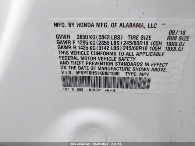 5FNYF6H51KB021500 Honda Pilot Ex-l