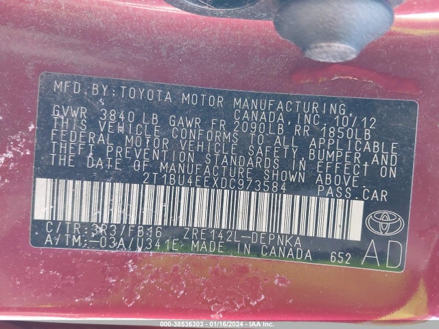 2013 TOYOTA COROLLA LE VIN: 2T1BU4EEXDC973584
