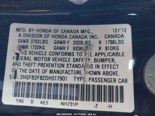 2013 HONDA CIVIC EX VIN: 2HGFB2F82DH517901