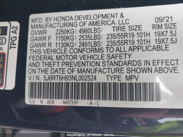 5J6RT6H93NL002524 Honda Cr-v Hybrid Touring