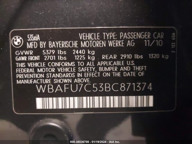 2011 BMW 535I XDRIVE VIN: WBAFU7C53BC871374