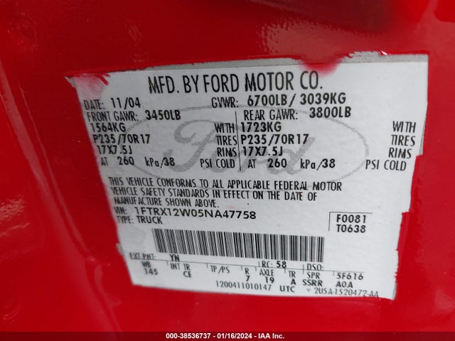 2005 FORD F-150 STX/XL/XLT VIN: 1FTRX12W45NB68678