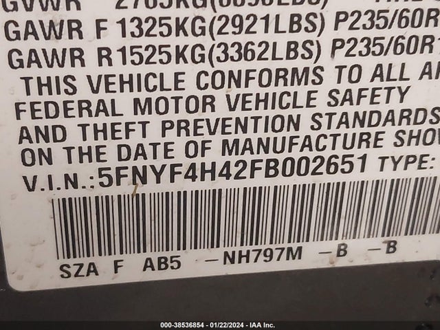 Honda Pilot Ex 2015 5FNYF4H42FB002651 Image 9