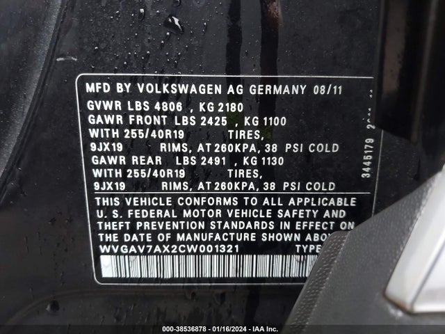 2012 VOLKSWAGEN TIGUAN SEL VIN: WVGAV7AX2CW001321
