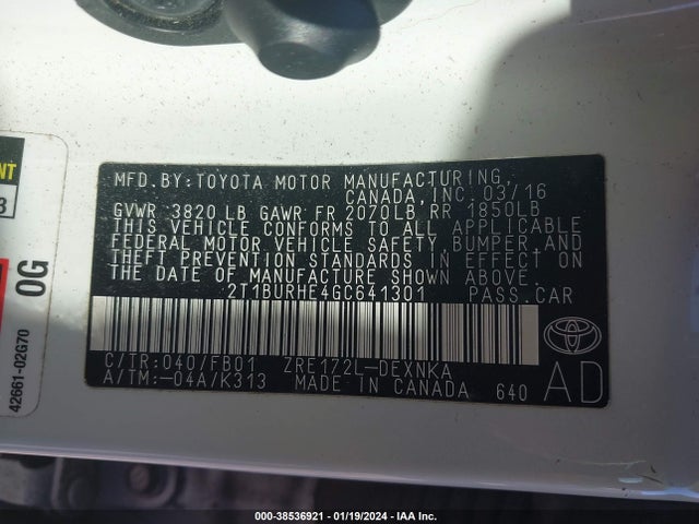 2016 TOYOTA COROLLA LE VIN: 2T1BURHE4GC641301