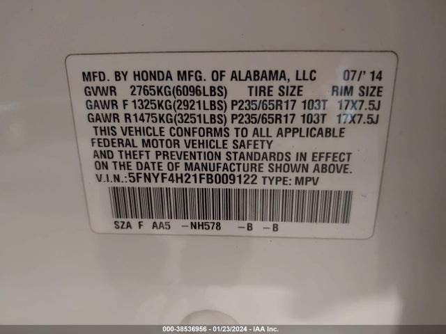 Honda PILOT LX 2015 5FNYF4H21FB009122 Image 9