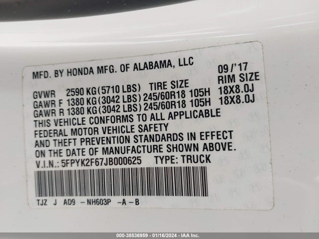 Honda Ridgeline Rtl-t 2018 5FPYK2F67JB000625 Image 9