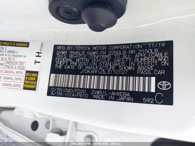 Toyota Prius Le 2020 JTDKARFU3L3110127 Image 9