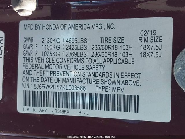 5J6RW2H57KL003586 Honda CR-V EX