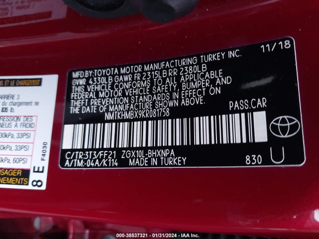 Toyota C-HR XLE 2019 NMTKHMBX9KR081758 Image 9