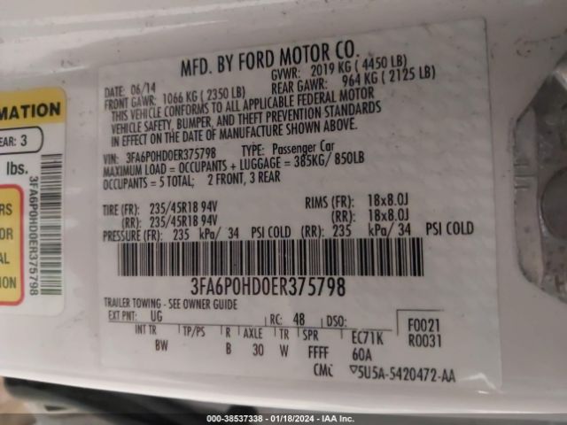 3FA6P0HD0ER375798 Ford FUSION SE