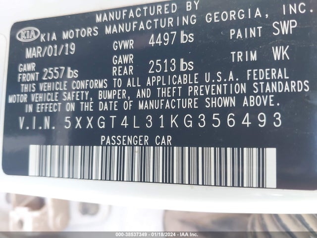 KIA Optima S 2019 5XXGT4L31KG356493 Image 9