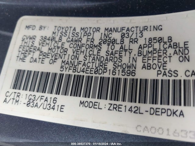2013 TOYOTA COROLLA L VIN: 5YFBU4EE0DP161596