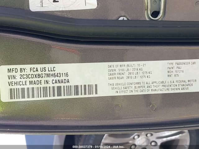 2C3CDXBG7MH643116 Dodge Charger Sxt Rwd