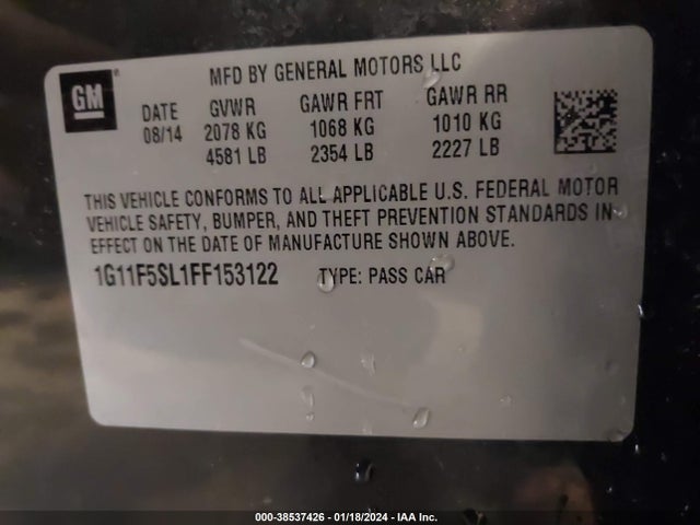 2015 CHEVROLET MALIBU 1LZ VIN: 1G11F5SL1FF153122
