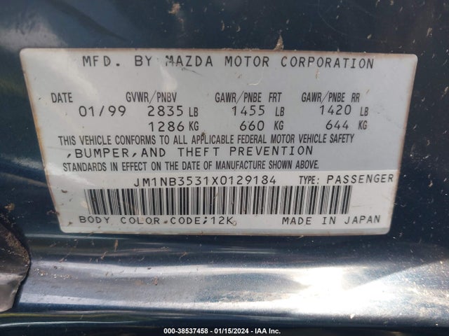 1999 MAZDA MX-5 MIATA LEATHER PKG/POPULAR EQUIPMENT PKG/SPORTS PKG/TOURING PKG VIN: JM1NB3531X0129184