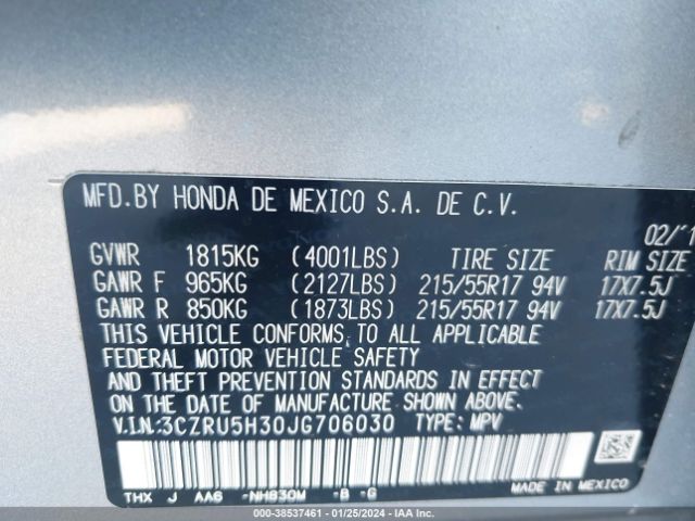 3CZRU5H30JG706030 Honda HR-V LX