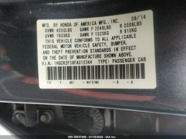 Aukcja sprzedaży 2015 Honda Accord Lx, vin: 1HGCR2F38FA010344, numer aukcji: 38537489