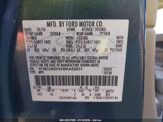 2011 FORD ESCAPE XLT VIN: 1FMCU0DGXBKA52831
