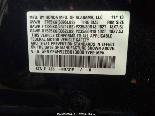 5FNYF4H92EB013000 Honda Pilot Touring