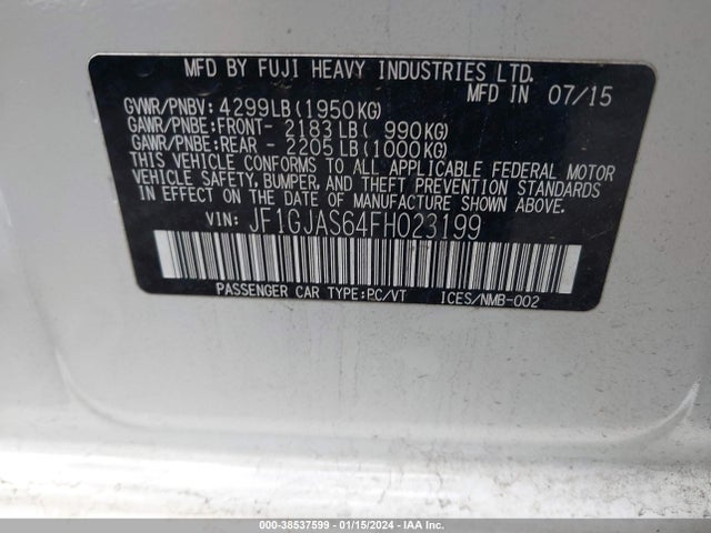 2015 SUBARU IMPREZA 2.0I LIMITED VIN: JF1GJAS64FH023199