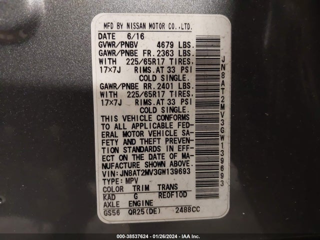 Nissan ROGUE S 2016 JN8AT2MV3GW139693 Image 9